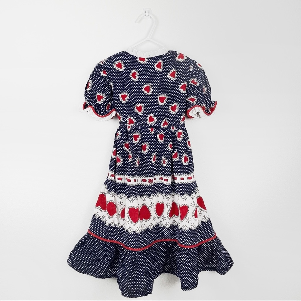 Vintage Little Girl’s Prairie Cottagecore Heart Dress Navy & Red
